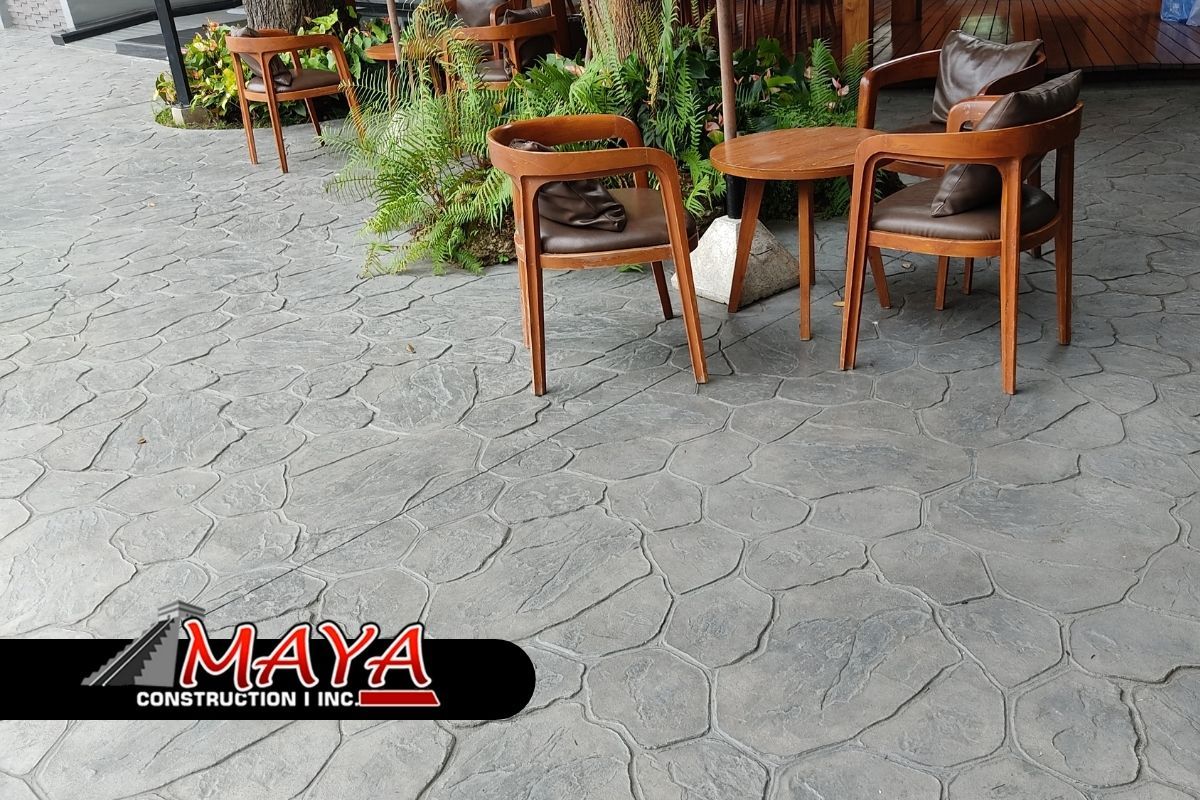 Outdoor patio with textured concrete flooring