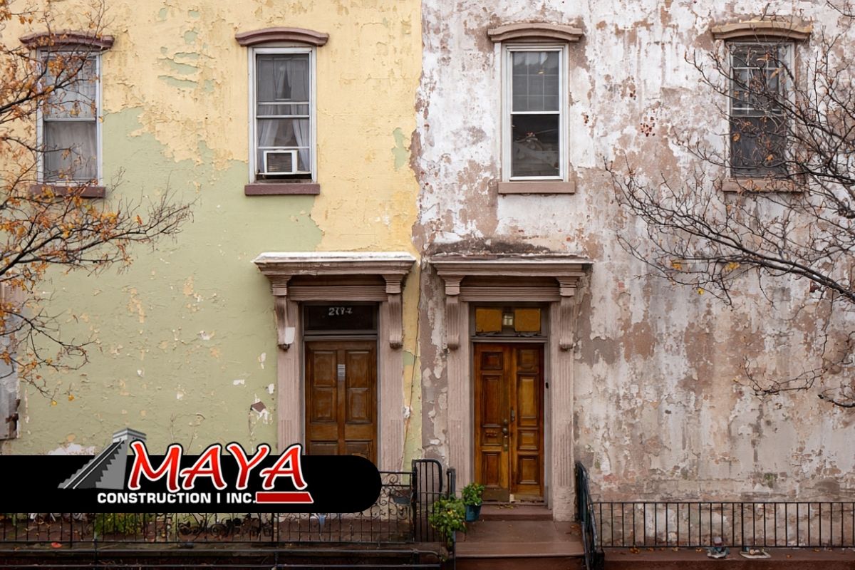 Stucco repair winter vs spring in NY with a seasonal wall inspection on a New York home