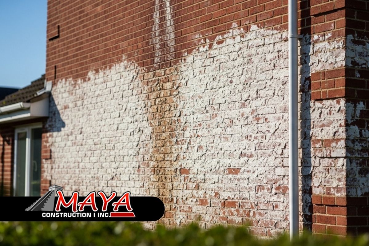 Efflorescence on brick walls affecting an exterior home surface