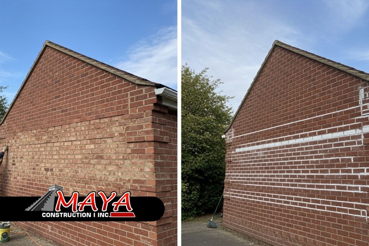 Brick joint restoration work on an older home exterior