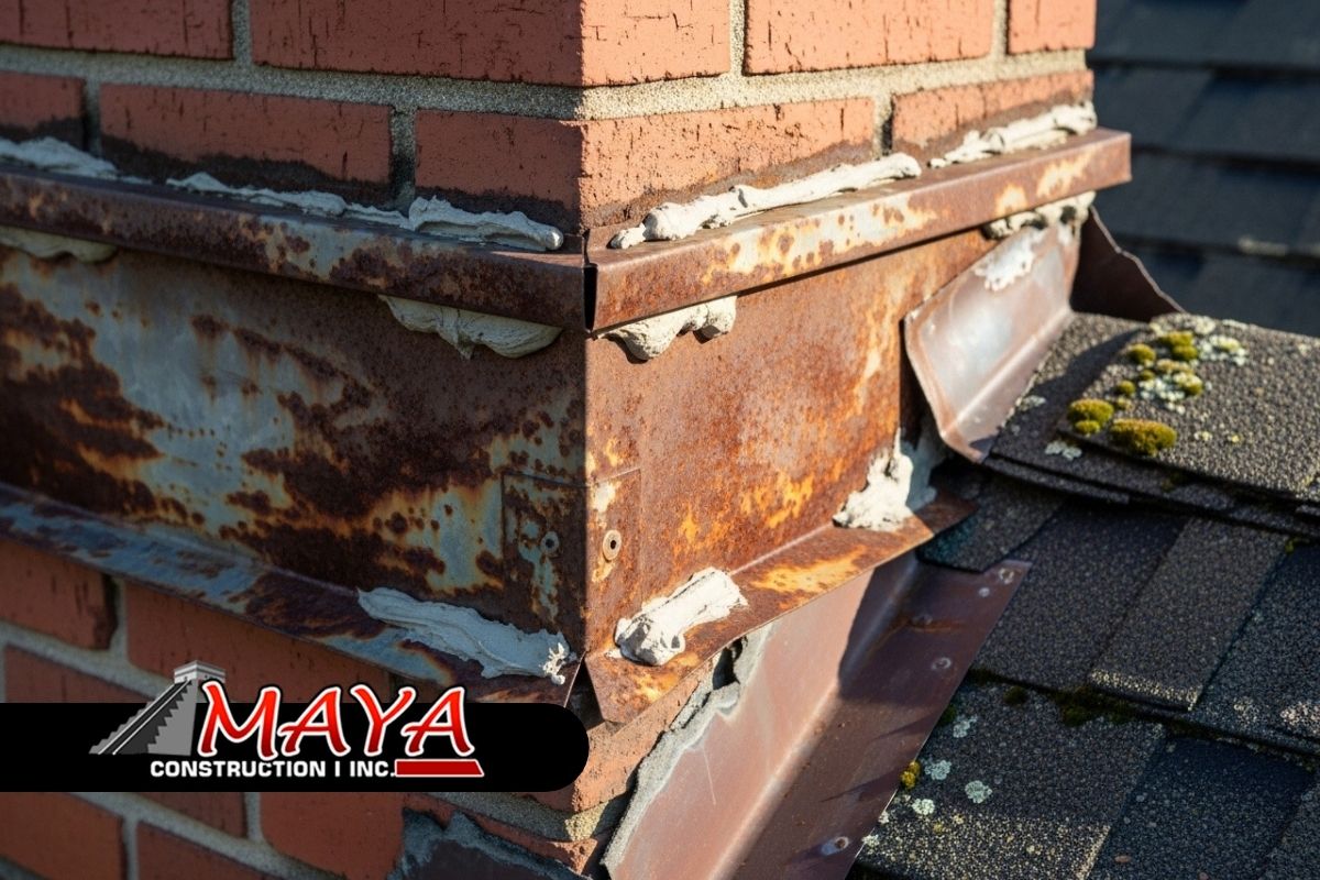 chimney flashing repair signs near a roof and brick chimney