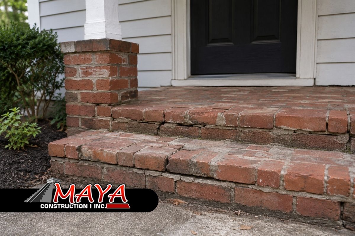 brick porch repair signs on a damaged home entryway