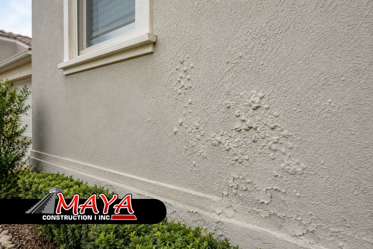 Stucco bubbling and blistering causes visible on an exterior wall