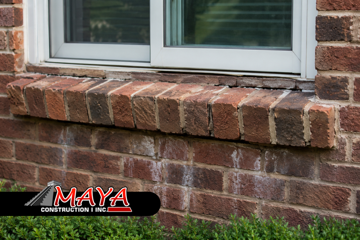 Brick window sill repair signs around a home window