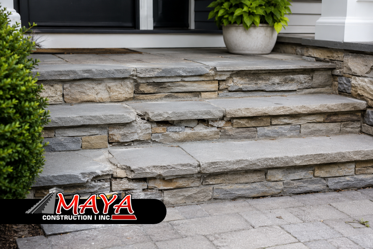 Stone step repair signs shown by cracked stone entry steps
