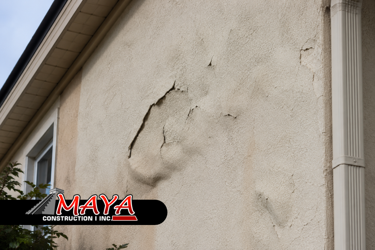 Stucco delamination signs visible on an exterior home wall
