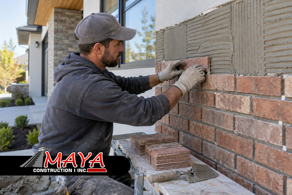 Brick veneer installation on a modern exterior wall