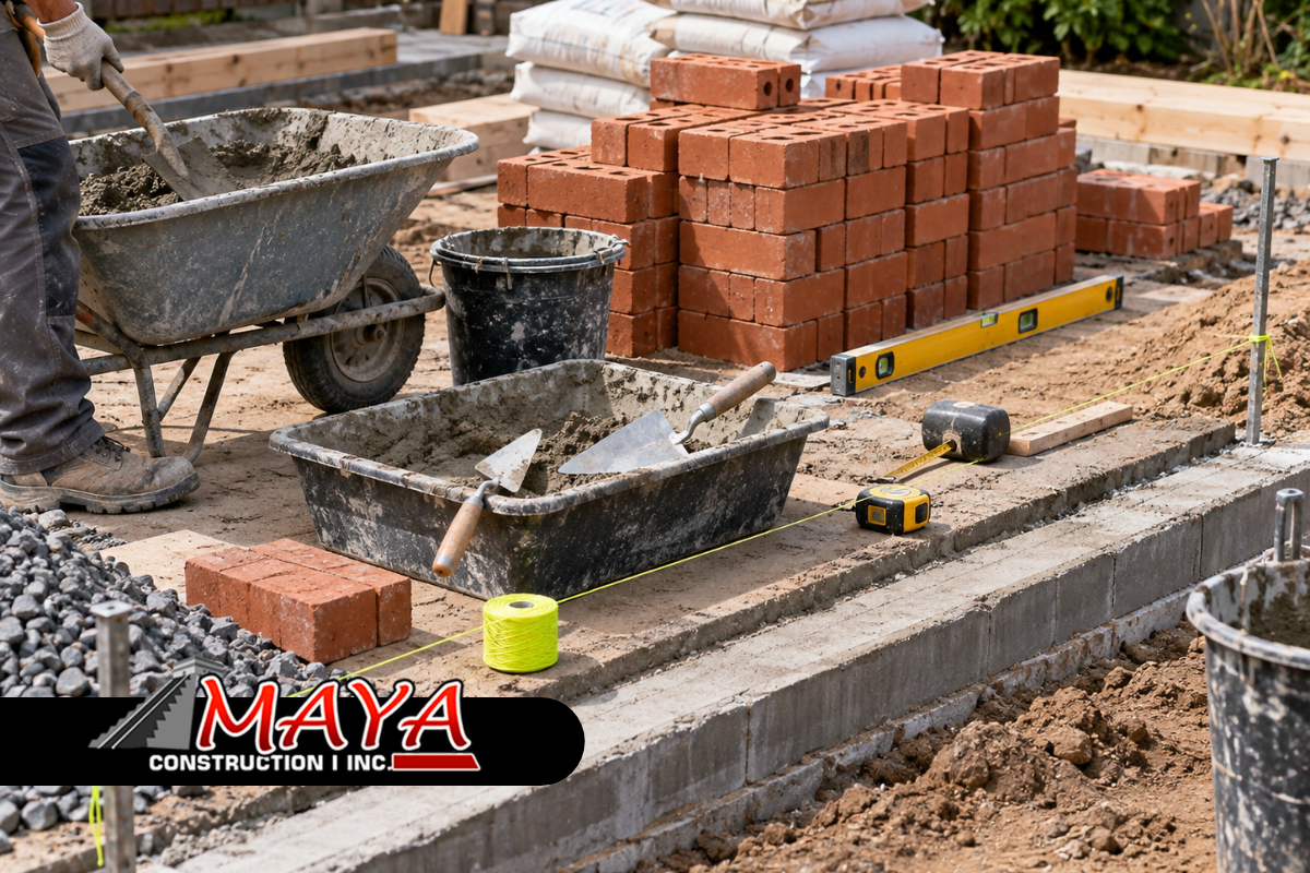 Brick wall installation preparation with tools and masonry materials